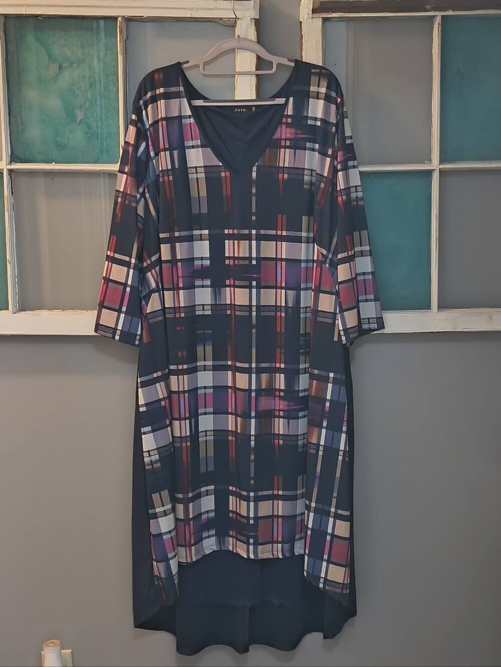 Jete Hi Low Midi Dress Plaid Geometric Print
